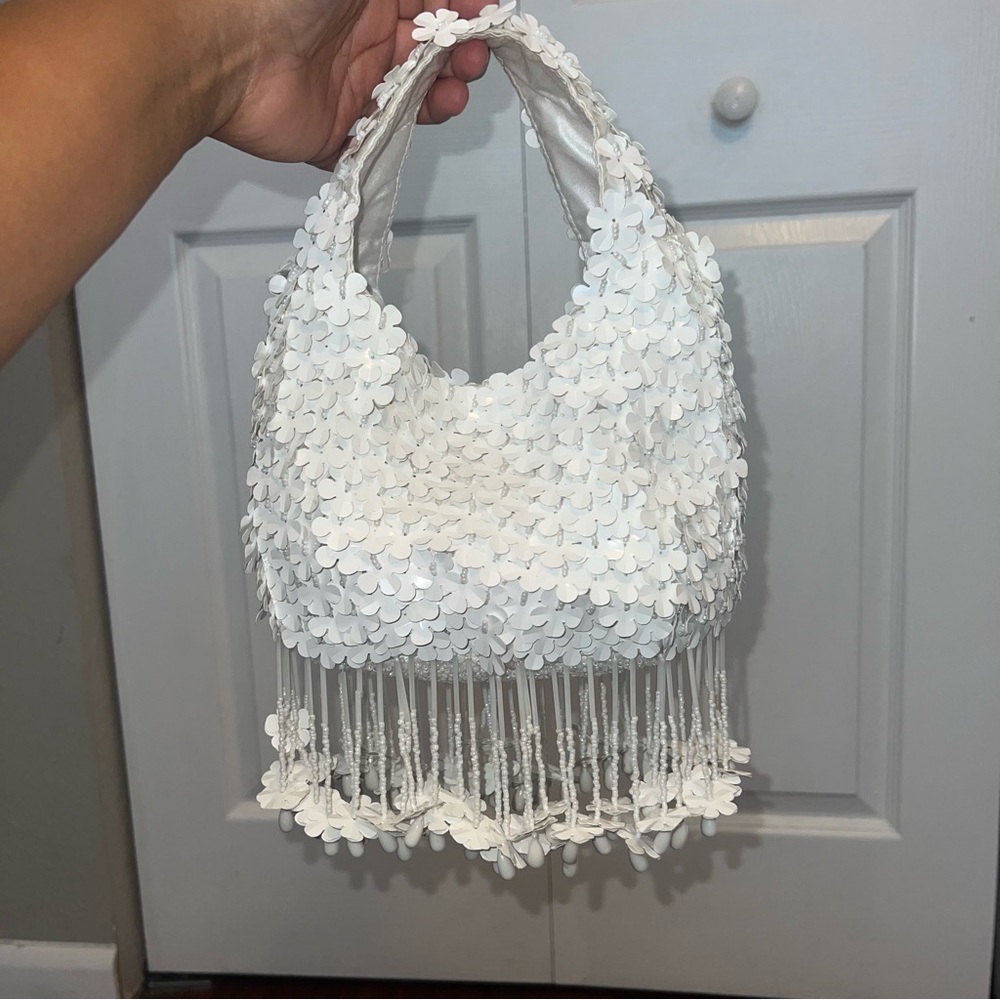 White Floral Sequin Fringe Mini Bag